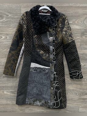 Desigual Patchwork Coat in Black, Olive & Gray
